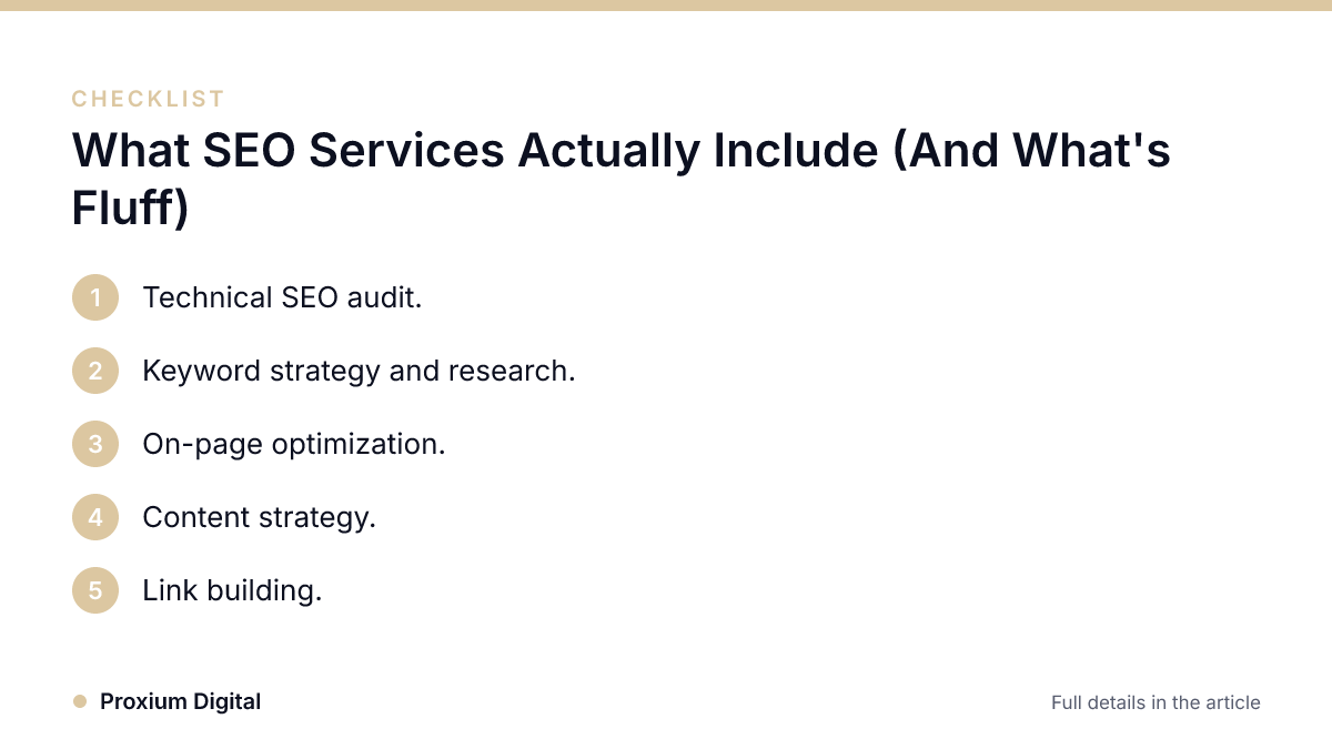 Infographic · Proxium Digital Checklist: What SEO Services Actually Include (And What's Fluff)