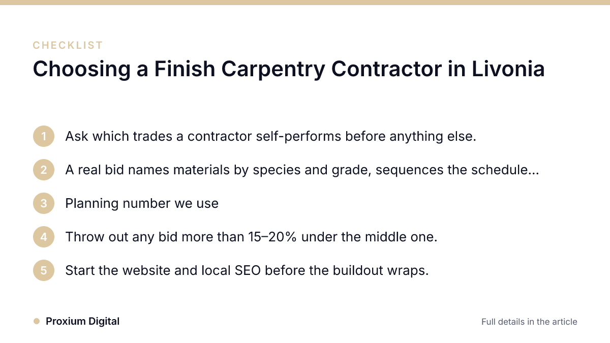 Infographic · Proxium Digital Checklist: Choosing a Finish Carpentry Contractor in Livonia