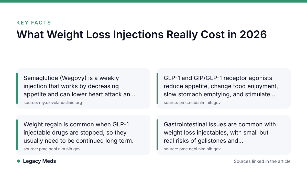 Infographic · Legacy Meds Key facts: What Weight Loss Injections Really Cost in 2026