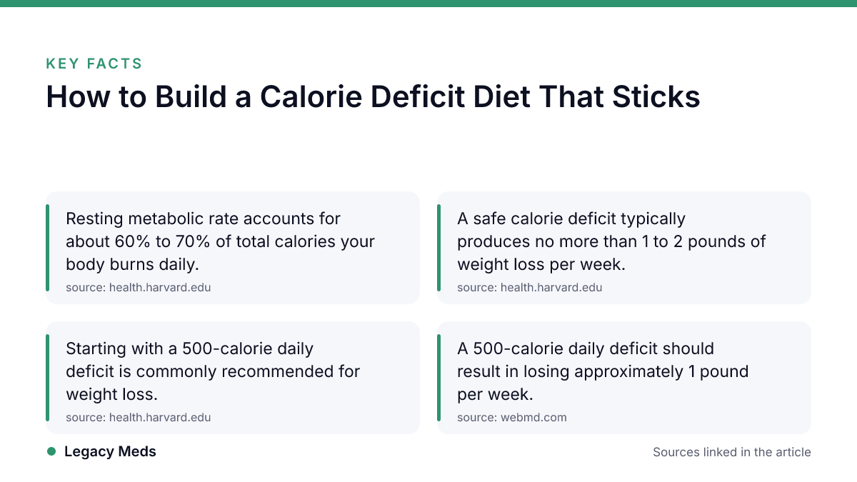 Infographic · Legacy Meds Key facts: How to Build a Calorie Deficit Diet That Sticks