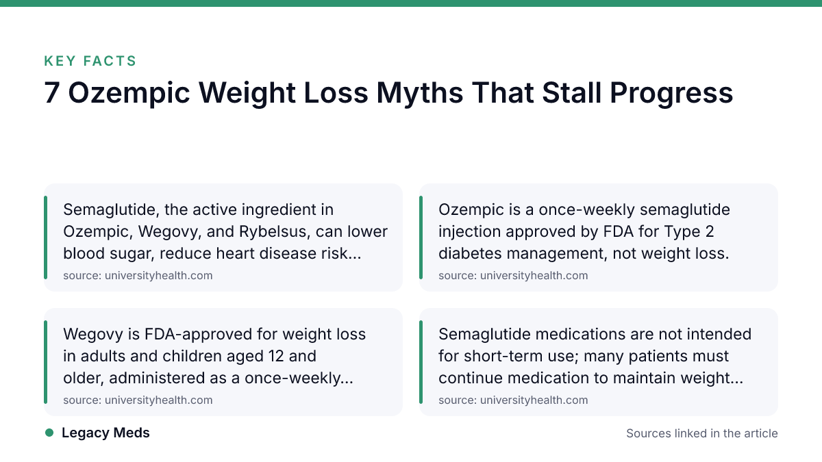 Infographic · Legacy Meds Key facts: 7 Ozempic Weight Loss Myths That Stall Progress